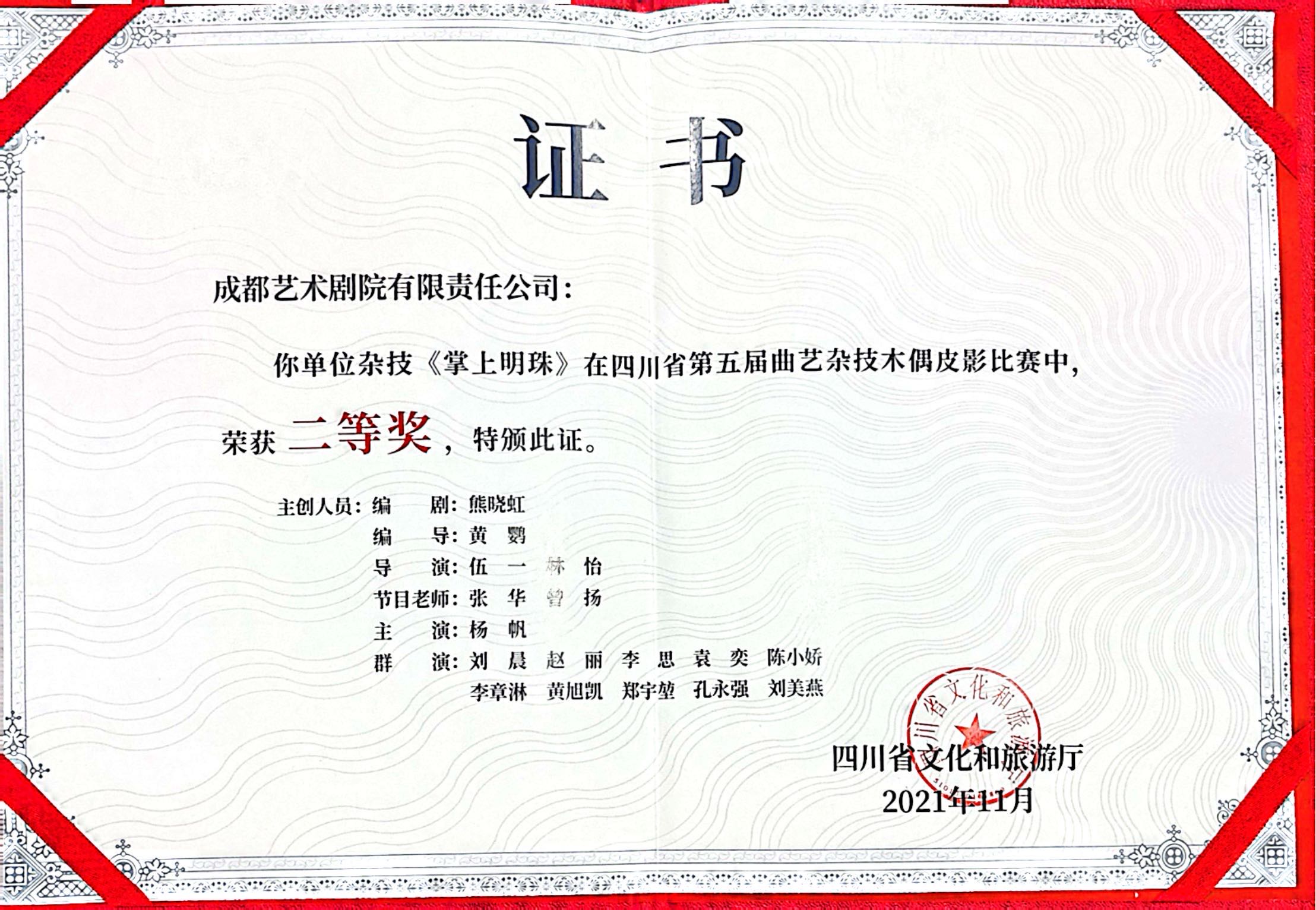 2021年杂技《掌上明珠》荣获四川省第五届曲艺杂技木偶皮影比赛二等奖.jpg